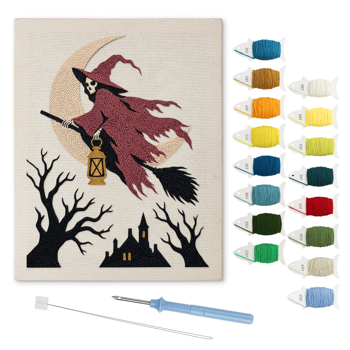 Red Cloak Witch punch needle kit: finished canvas with threads, punch needle and threader