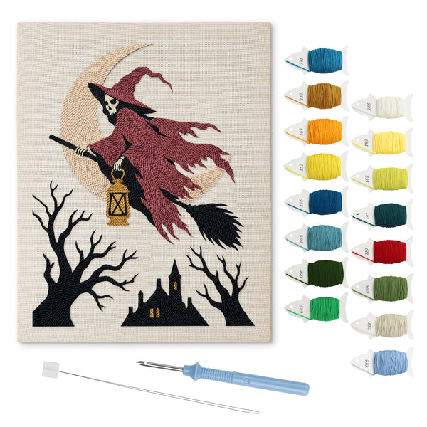 Red Cloak Witch punch needle kit: finished canvas with threads, punch needle and threader