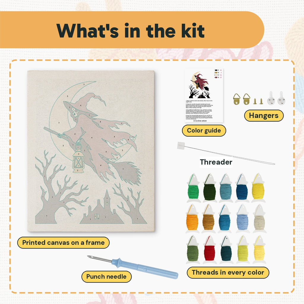 What is in the Red Cloak Witch kit: printed canvas, punch needle, threader, threads, color guide and hangers