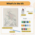 What is in the Red Cloak Witch kit: printed canvas, punch needle, threader, threads, color guide and hangers