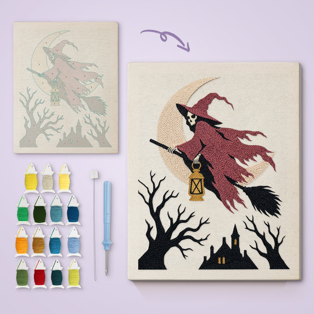 Red Cloak Witch canvas before and after punching, with the threads and tools