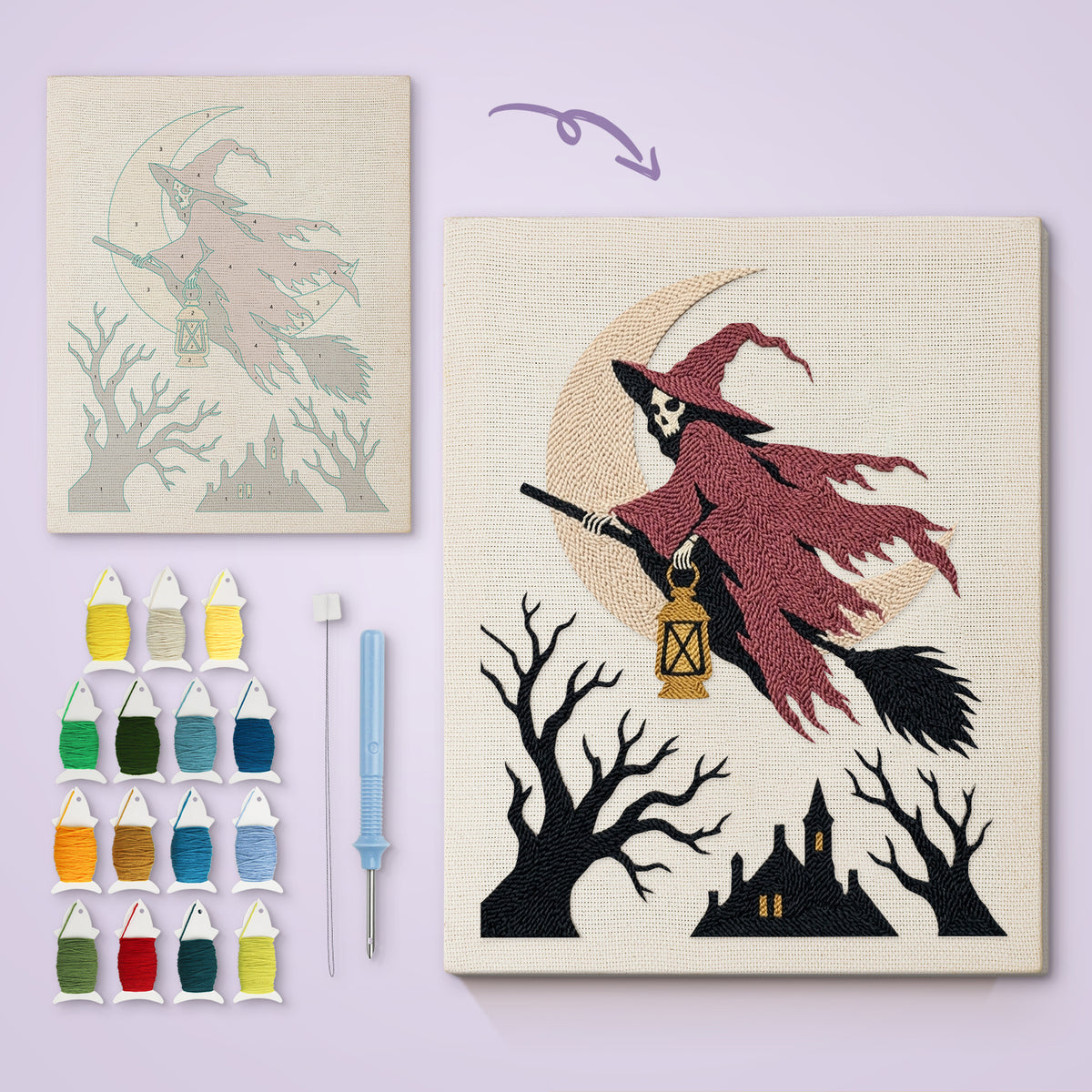 Red Cloak Witch canvas before and after punching, with the threads and tools