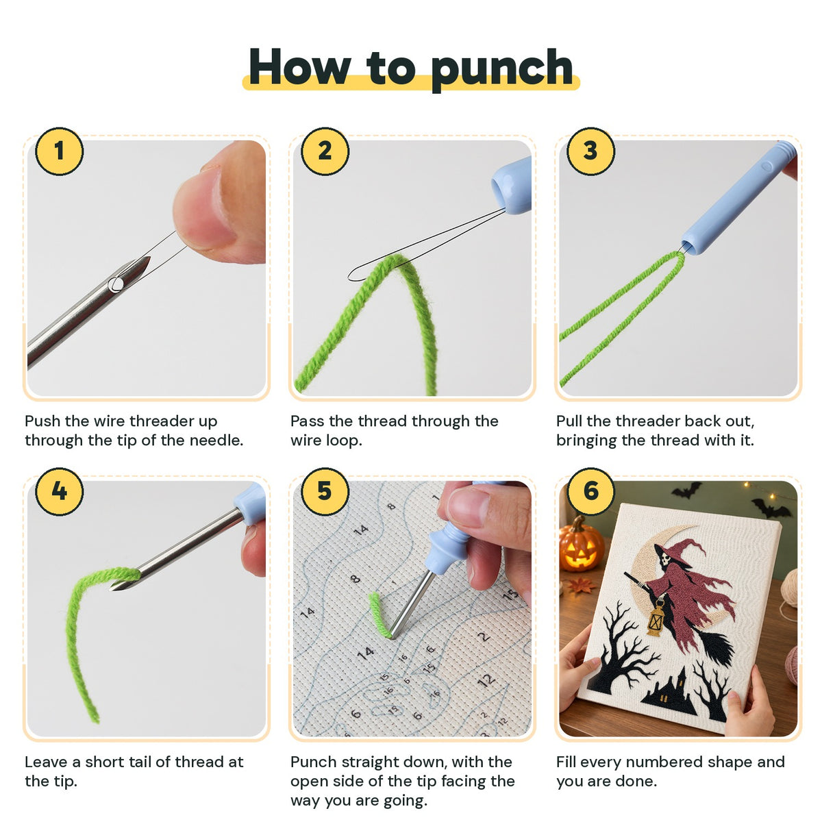 Six steps showing how to thread and use the punch needle