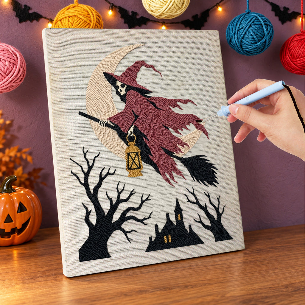 Punching the Red Cloak Witch design with the punch needle