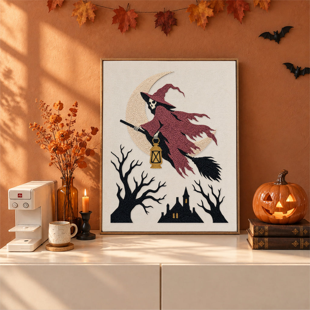 Finished Red Cloak Witch punch needle canvas on a wall