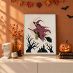 Finished Red Cloak Witch punch needle canvas on a wall