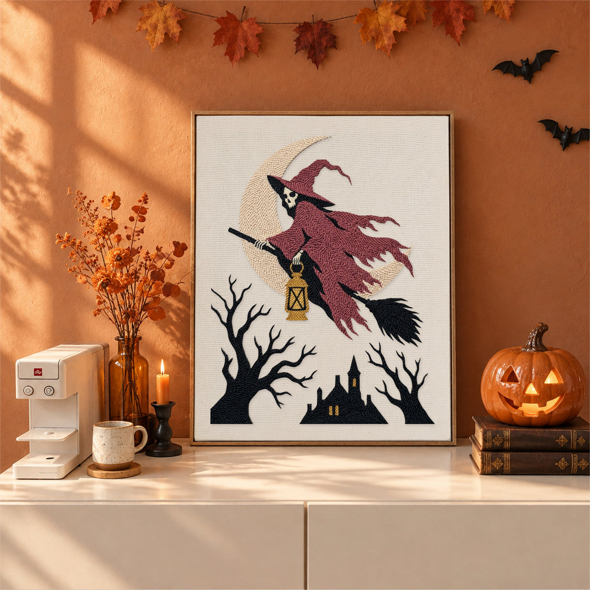Finished Red Cloak Witch punch needle canvas on a wall