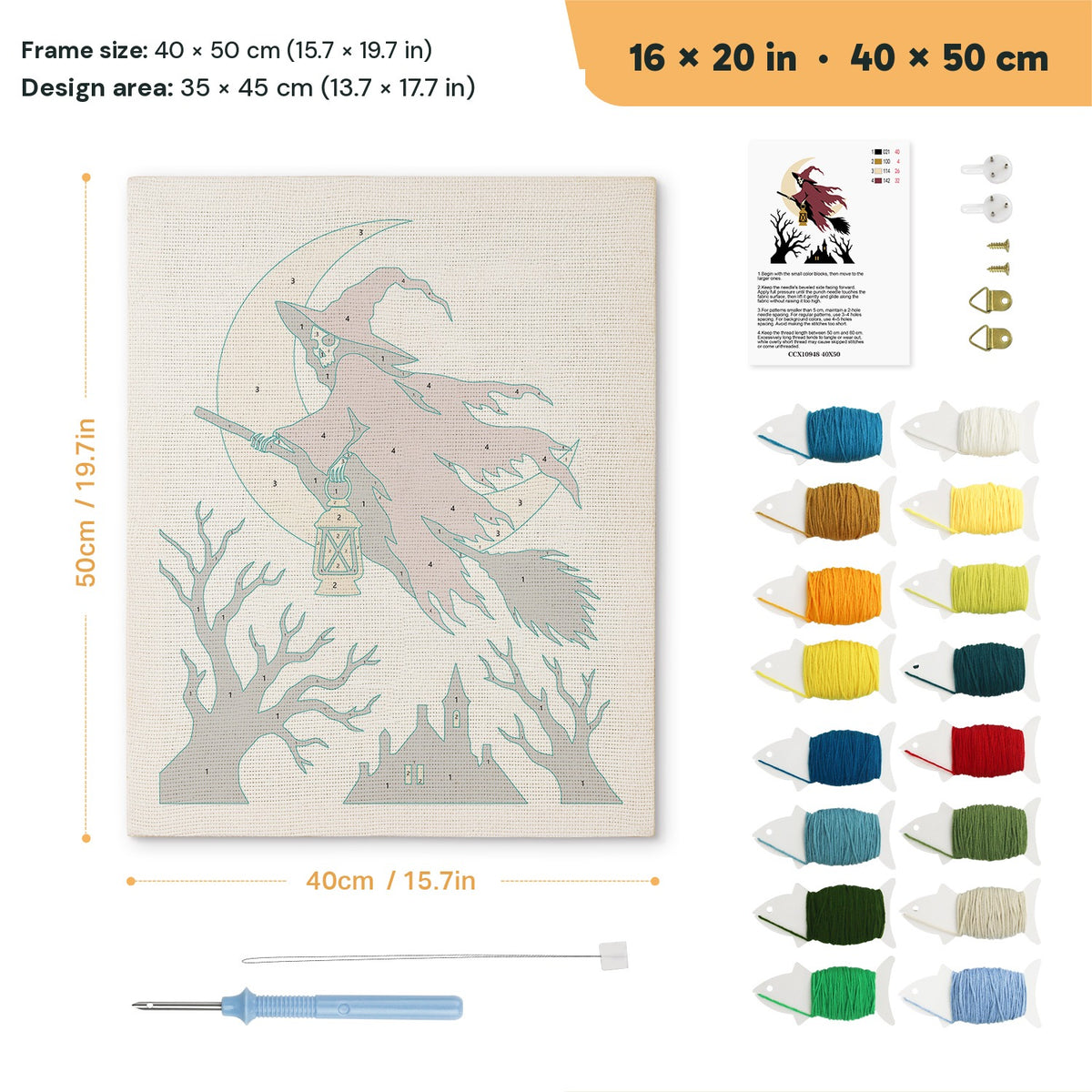 Red Cloak Witch punch needle kit, 16 × 20 in (40 × 50 cm): canvas size and kit contents