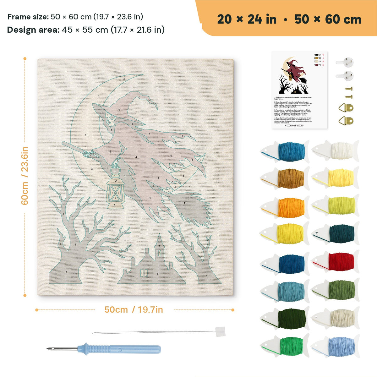 Red Cloak Witch punch needle kit, 20 × 24 in (50 × 60 cm): canvas size and kit contents