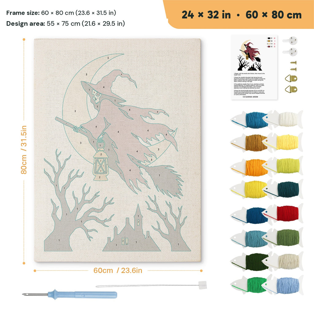 Red Cloak Witch punch needle kit, 24 × 32 in (60 × 80 cm): canvas size and kit contents