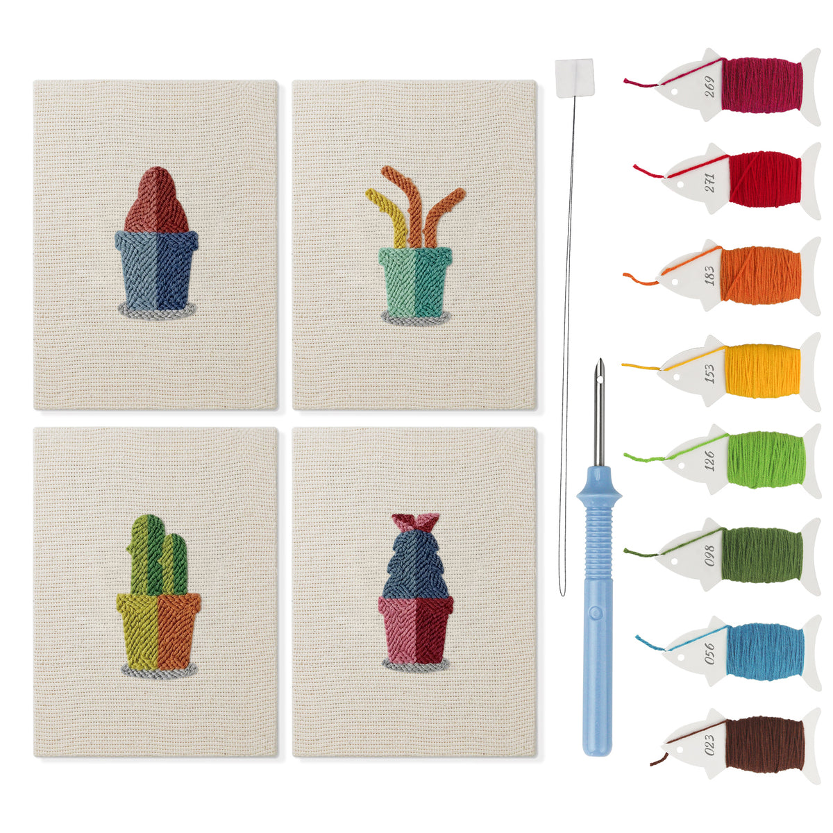 Red Cone Cacti mini punch needle kit set: four finished canvases with threads, punch needle and threader