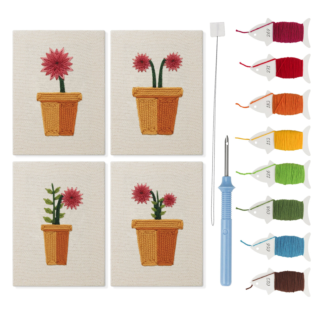 Red Daisy Pots mini punch needle kit set: four finished canvases with threads, punch needle and threader