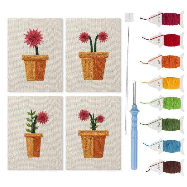 Red Daisy Pots mini punch needle kit set: four finished canvases with threads, punch needle and threader