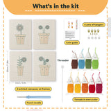 What is in the Red Daisy Pots set: 4 printed canvases, punch needle, threader, threads, color guide and 4 sets of hangers (6 × 8 in (15 × 20 cm) each)