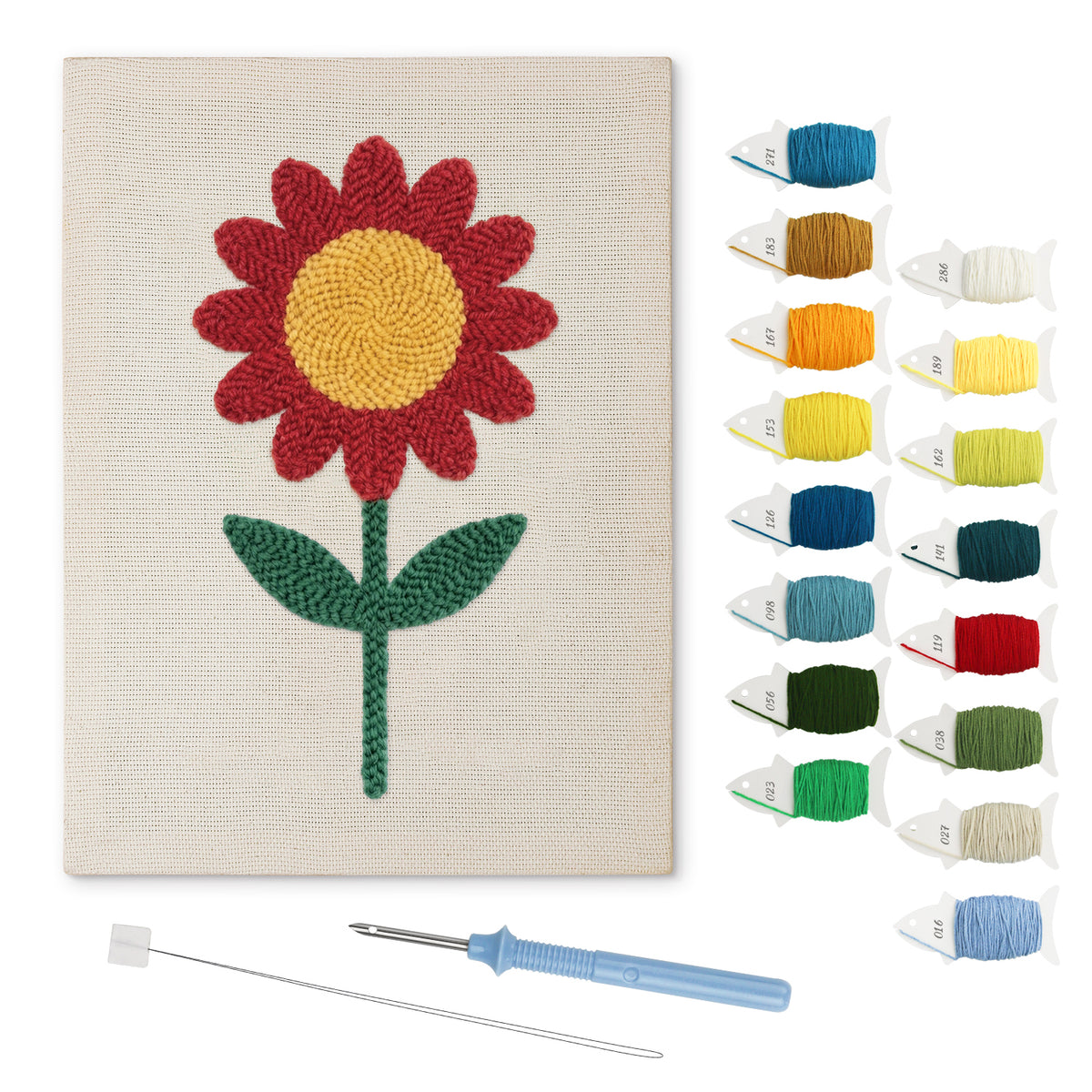 Red Daisy punch needle kit: finished canvas with threads, punch needle and threader