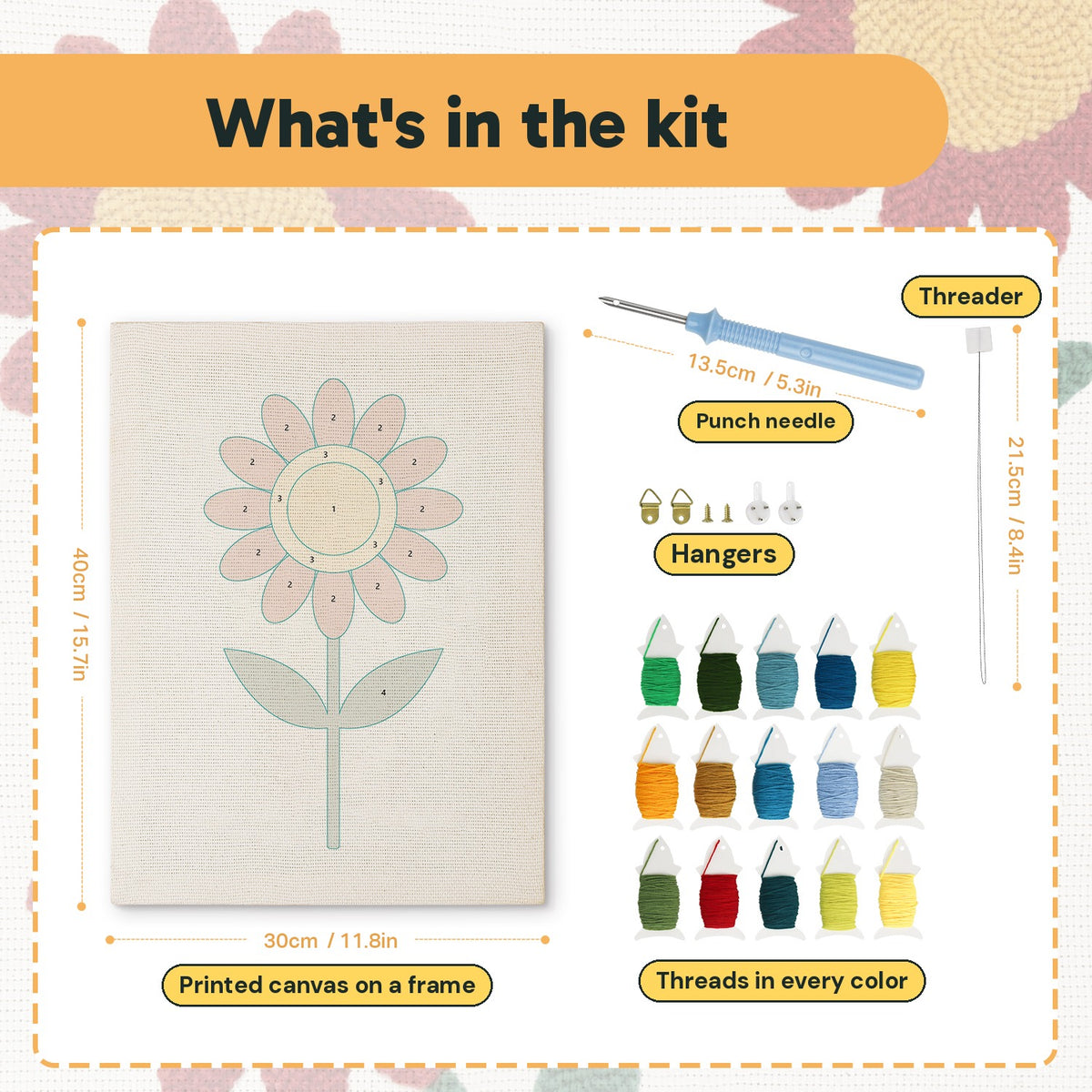 What is in the Red Daisy kit: printed canvas, punch needle, threader, threads, color guide and hangers