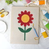 Red Daisy canvas before and after punching, with the threads and tools
