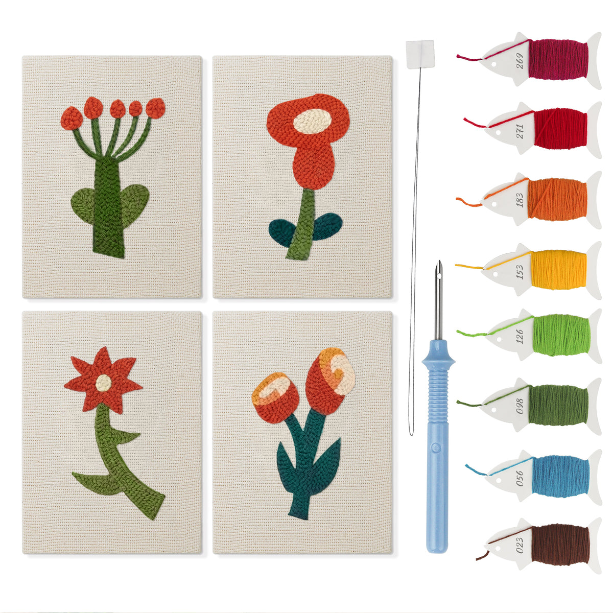 Red Folk Flowers mini punch needle kit set: four finished canvases with threads, punch needle and threader