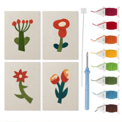 Red Folk Flowers mini punch needle kit set: four finished canvases with threads, punch needle and threader