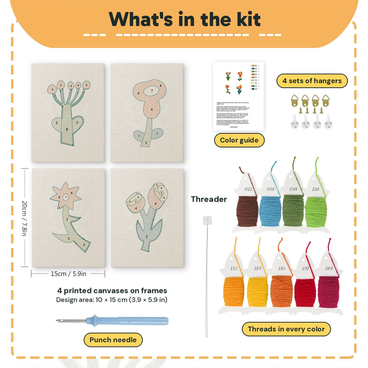 What is in the Red Folk Flowers set: 4 printed canvases, punch needle, threader, threads, color guide and 4 sets of hangers (6 × 8 in (15 × 20 cm) each)