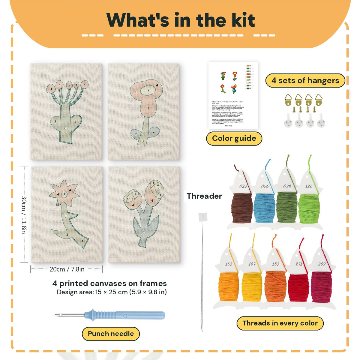 What is in the Red Folk Flowers set, 8 × 12 in (20 × 30 cm) each: 4 printed canvases, punch needle, threader, threads, color guide and 4 sets of hangers