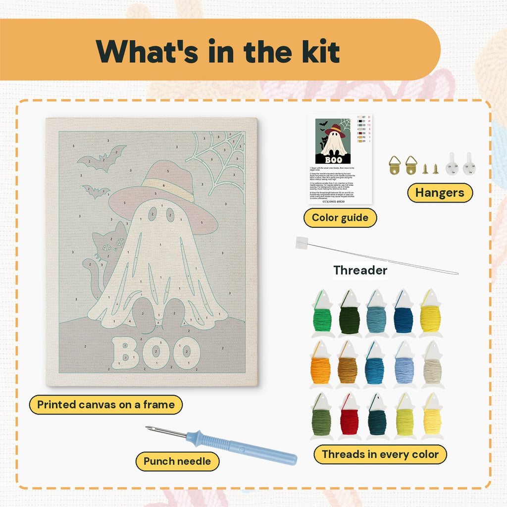 What is in the Red Hat Ghost kit: printed canvas, punch needle, threader, threads, color guide and hangers