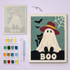 Red Hat Ghost canvas before and after punching, with the threads and tools