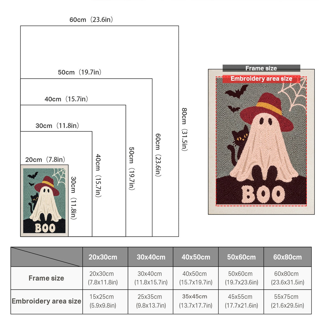 Size chart for punch needle kits from 20 x 30 cm to 60 x 80 cm