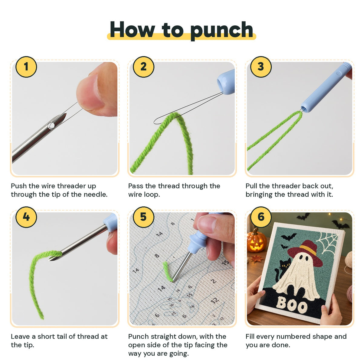 Six steps showing how to thread and use the punch needle