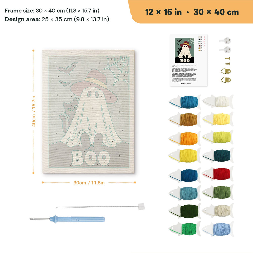 Red Hat Ghost punch needle kit, 12 × 16 in (30 × 40 cm): canvas size and kit contents