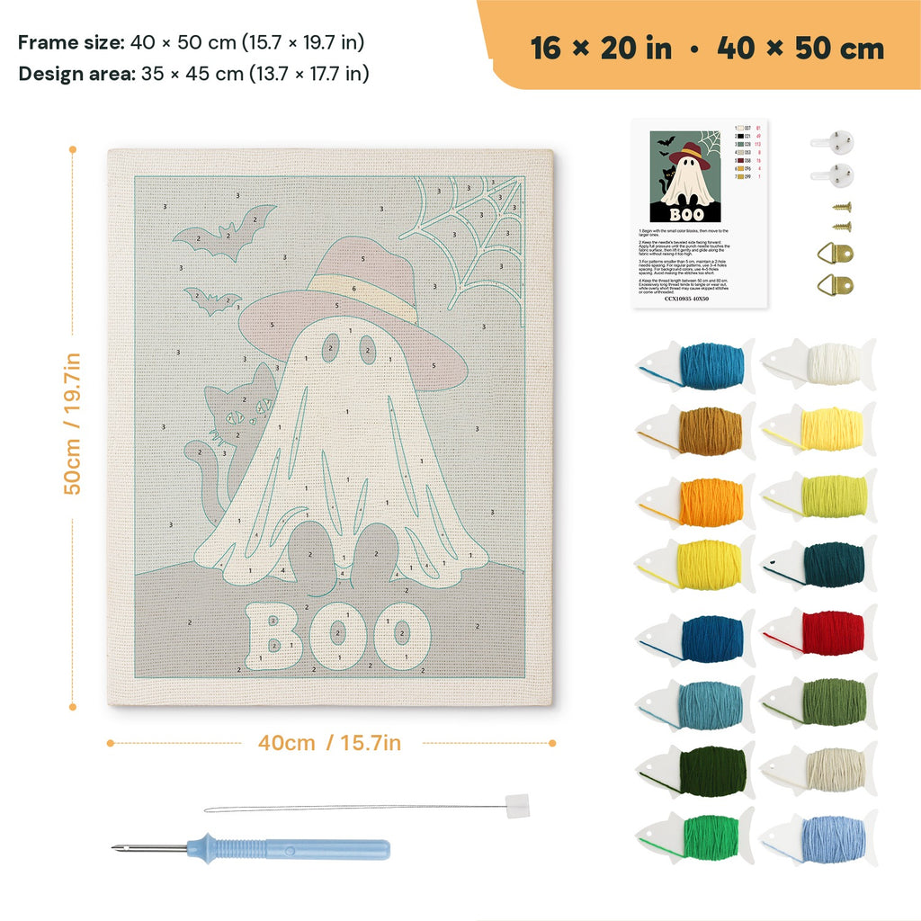 Red Hat Ghost punch needle kit, 16 × 20 in (40 × 50 cm): canvas size and kit contents