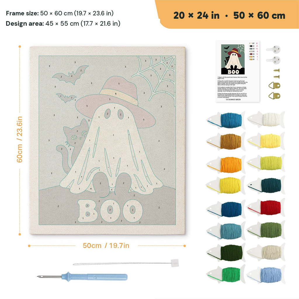 Red Hat Ghost punch needle kit, 20 × 24 in (50 × 60 cm): canvas size and kit contents