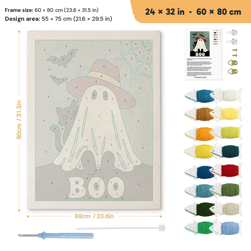 Red Hat Ghost punch needle kit, 24 × 32 in (60 × 80 cm): canvas size and kit contents