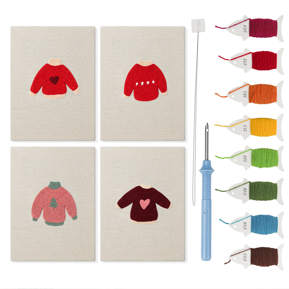 Red Heart Sweaters mini punch needle kit set: four finished canvases with threads, punch needle and threader