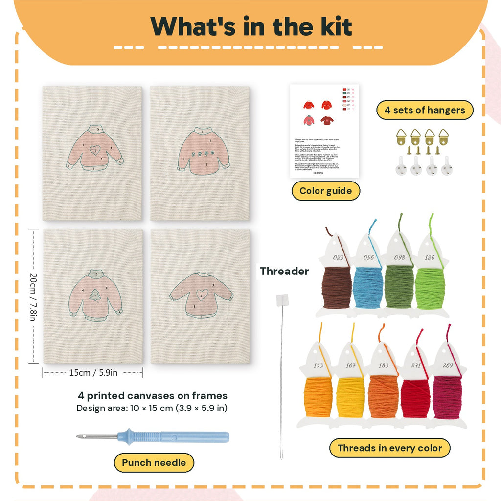 What is in the Red Heart Sweaters set: 4 printed canvases, punch needle, threader, threads, color guide and 4 sets of hangers (6 × 8 in (15 × 20 cm) each)