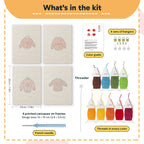 What is in the Red Heart Sweaters set: 4 printed canvases, punch needle, threader, threads, color guide and 4 sets of hangers (6 × 8 in (15 × 20 cm) each)