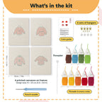 What is in the Red Heart Sweaters set, 8 × 12 in (20 × 30 cm) each: 4 printed canvases, punch needle, threader, threads, color guide and 4 sets of hangers