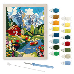 Red Lake Cabin punch needle kit: finished canvas with threads, punch needle and threader