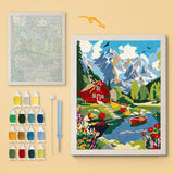 Red Lake Cabin canvas before and after punching, with the threads and tools