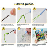 Six steps showing how to thread and use the punch needle