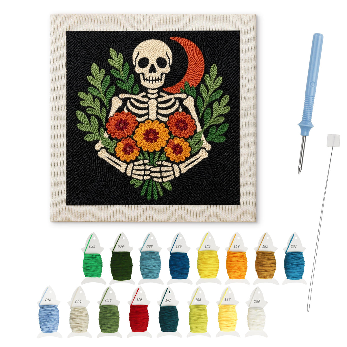 Red Moon Skeleton punch needle kit: finished canvas with threads, punch needle and threader