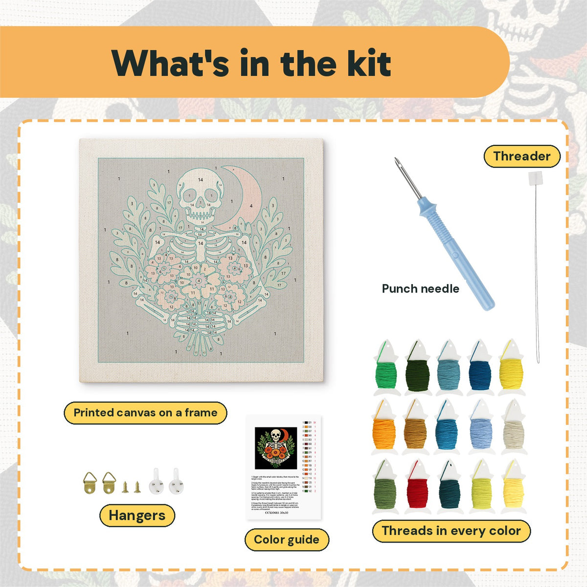 What is in the Red Moon Skeleton kit: printed canvas, punch needle, threader, threads, color guide and hangers