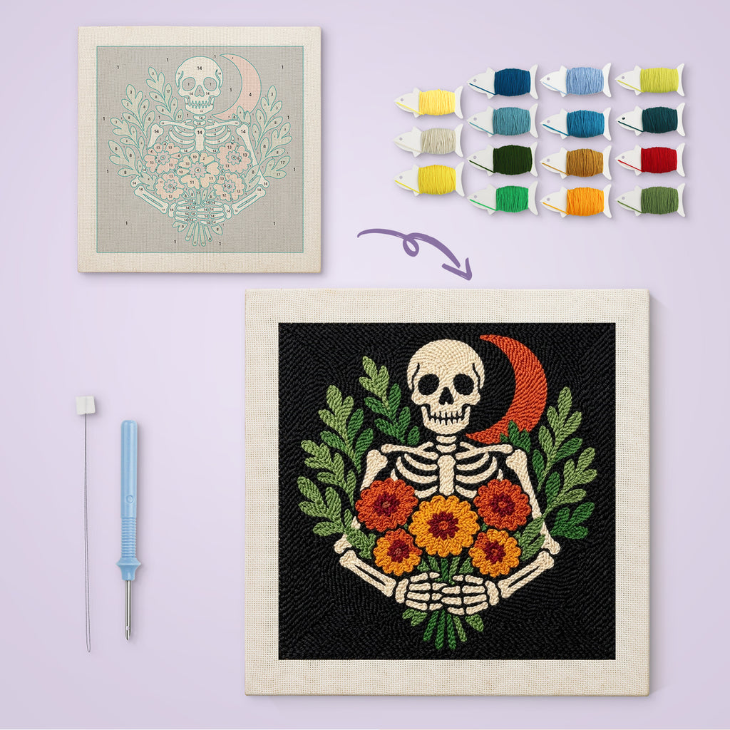 Red Moon Skeleton canvas before and after punching, with the threads and tools