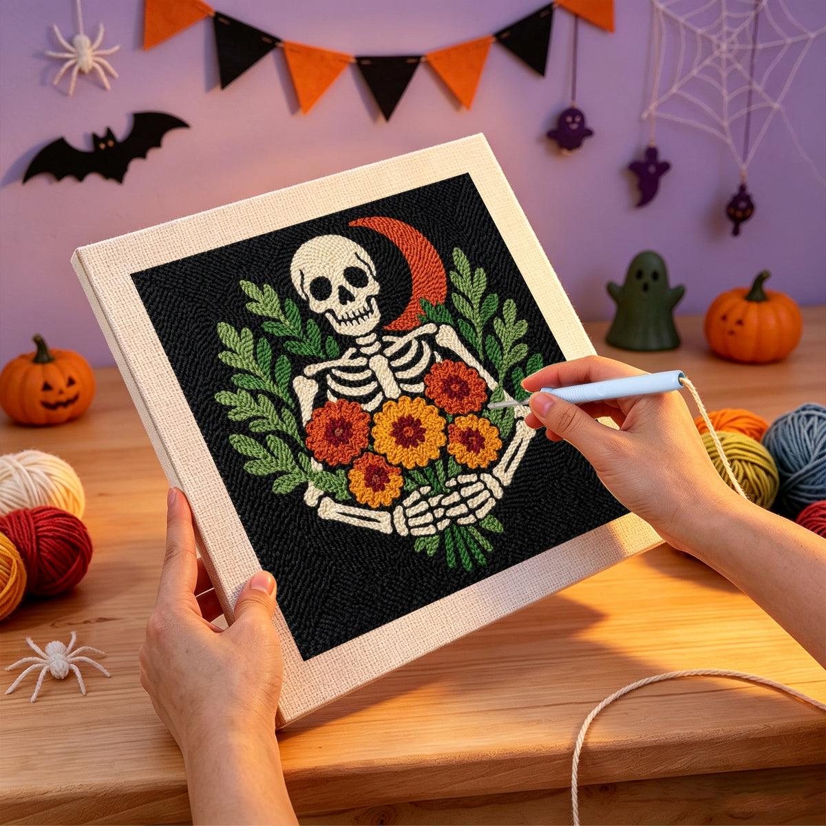 Punching the Red Moon Skeleton design with the punch needle