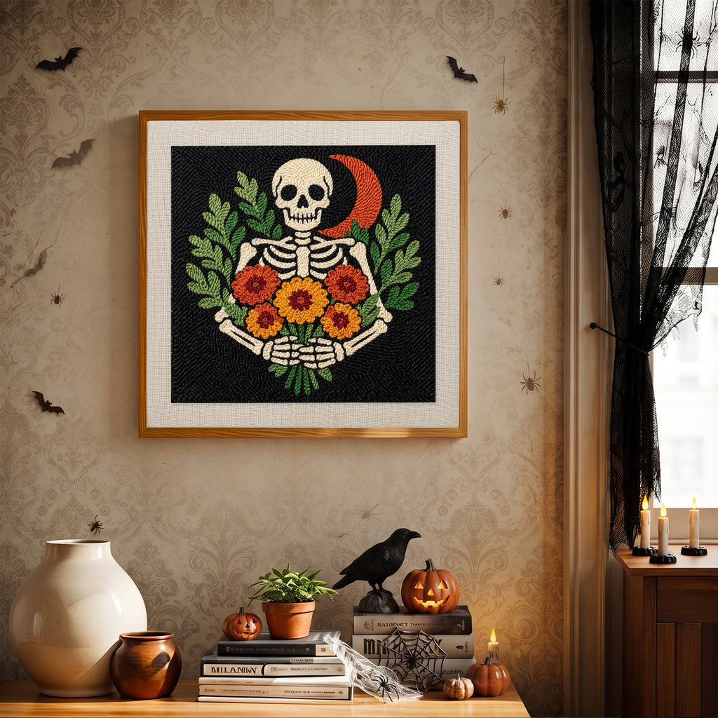Finished Red Moon Skeleton punch needle canvas on a wall