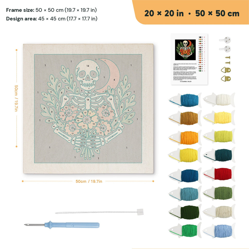 Red Moon Skeleton punch needle kit, 20 × 20 in (50 × 50 cm): canvas size and kit contents