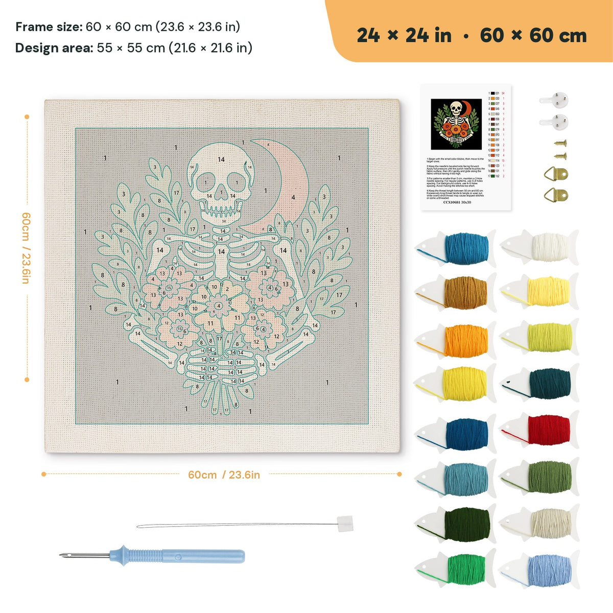 Red Moon Skeleton punch needle kit, 24 × 24 in (60 × 60 cm): canvas size and kit contents