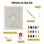 What is in the Red Petal Headdress kit: printed canvas, punch needle, threader, threads, color guide and hangers