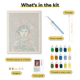 What is in the Red Petal Headdress kit: printed canvas, punch needle, threader, threads, color guide and hangers