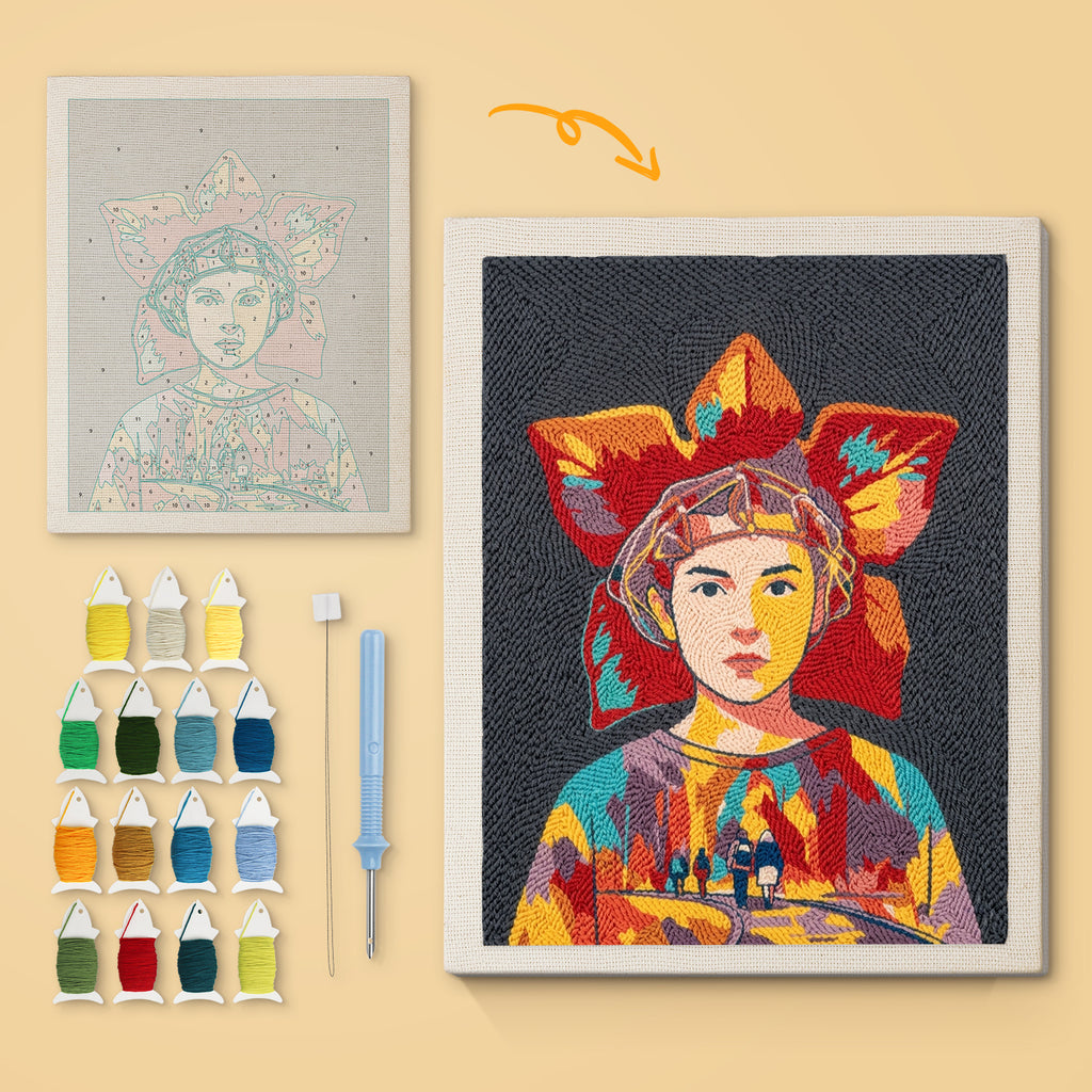 Red Petal Headdress canvas before and after punching, with the threads and tools